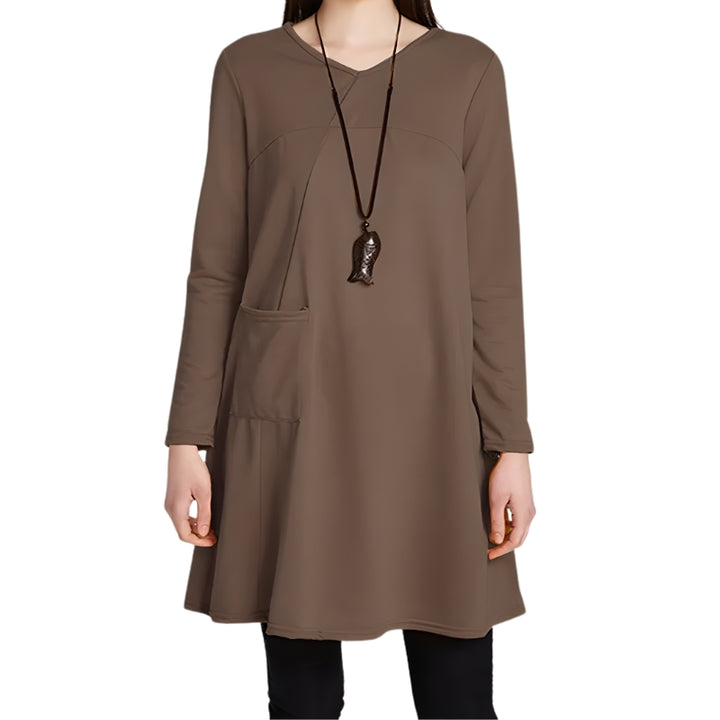 Damesjurk met V-hals en lange mouwen tot de knie