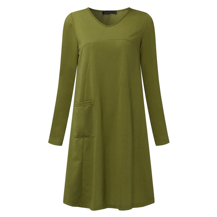 Damesjurk met V-hals en lange mouwen tot de knie