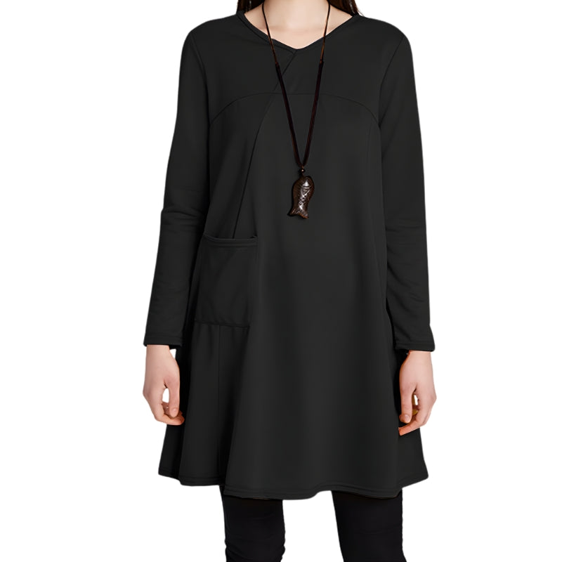 Damesjurk met V-hals en lange mouwen tot de knie