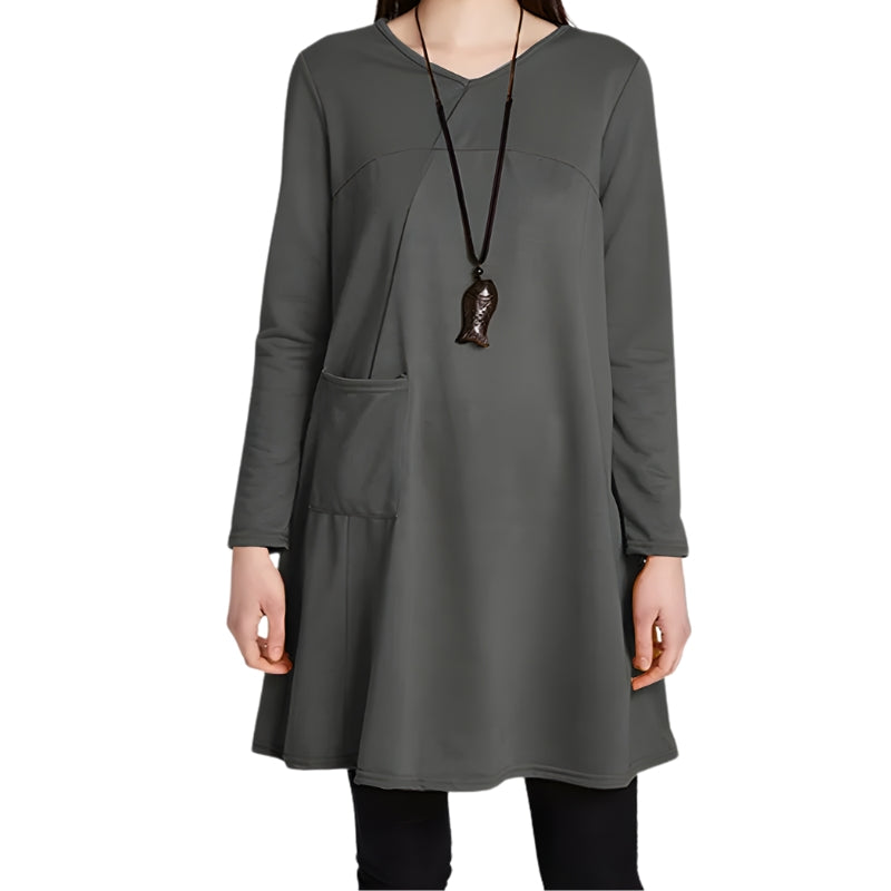 Damesjurk met V-hals en lange mouwen tot de knie