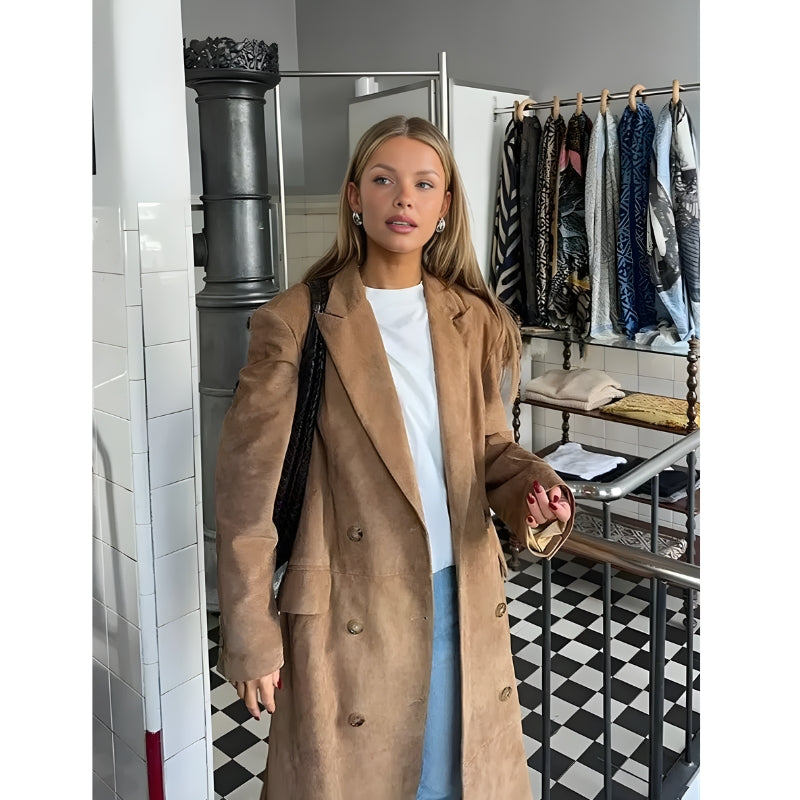 Dames lange jas dubbele knopenrij revers zakken