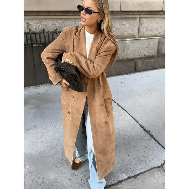 Dames lange jas dubbele knopenrij revers zakken