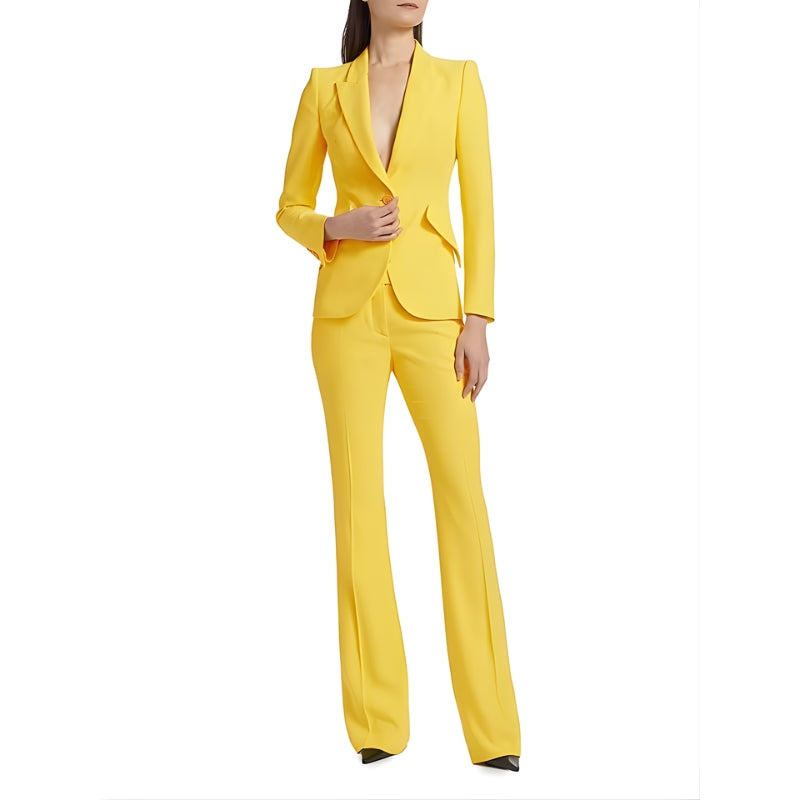 Damespak met enkelvoudige knoopsluiting en wijde pijpen