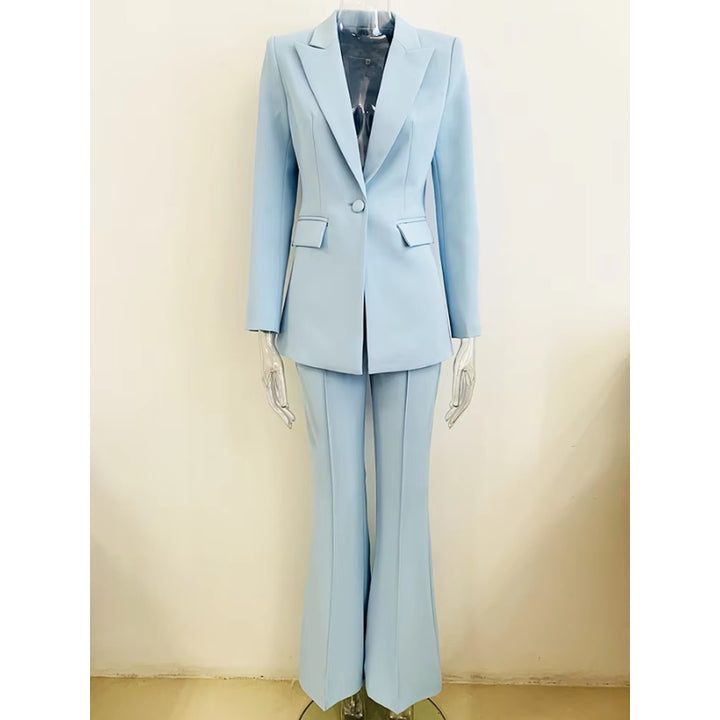 Damespak met enkelvoudige knoopsluiting en wijde pijpen