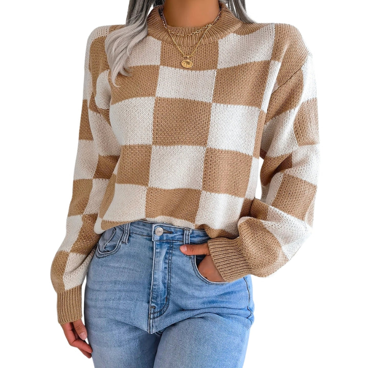 Dames trui met gebreid vierkantpatroon, ronde hals en geribbelde afwerking