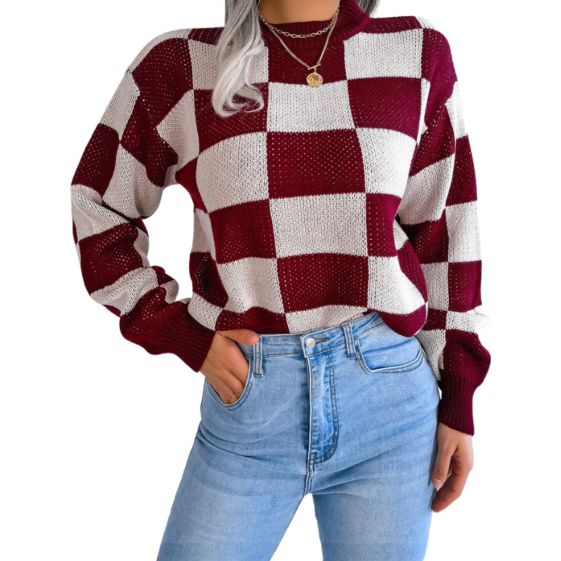 Dames trui met gebreid vierkantpatroon, ronde hals en geribbelde afwerking