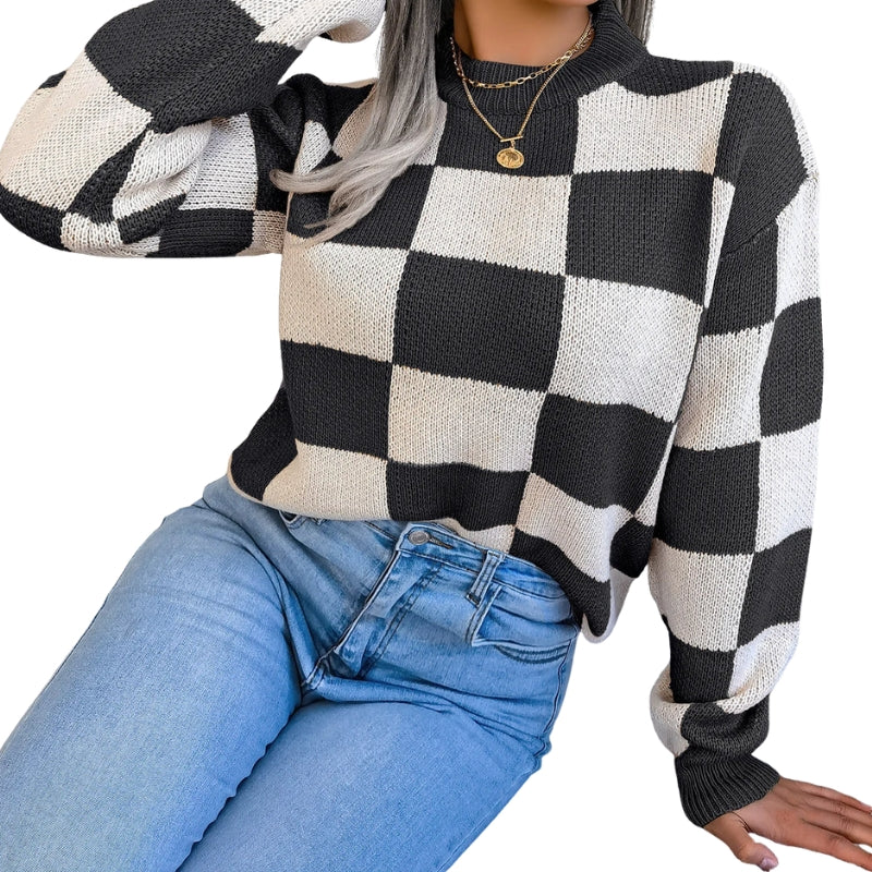 Dames trui met gebreid vierkantpatroon, ronde hals en geribbelde afwerking