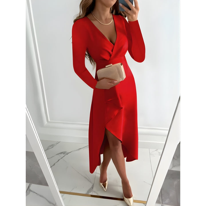 Dames wikkel jurk met v-hals en lange mouwen