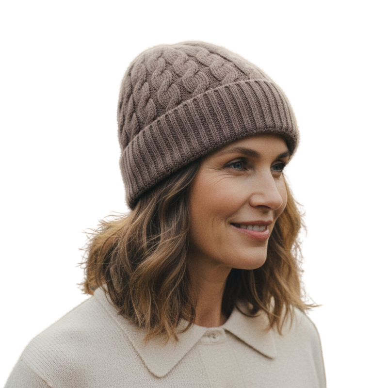 Geribde gebreide muts met kabelpatroon voor koel weer