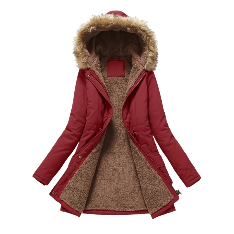 Gevoerde winterjas voor dames met capuchon en bontkraag