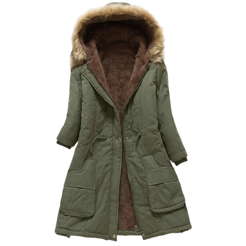 Gevoerde winterjas voor dames met capuchon en bontkraag