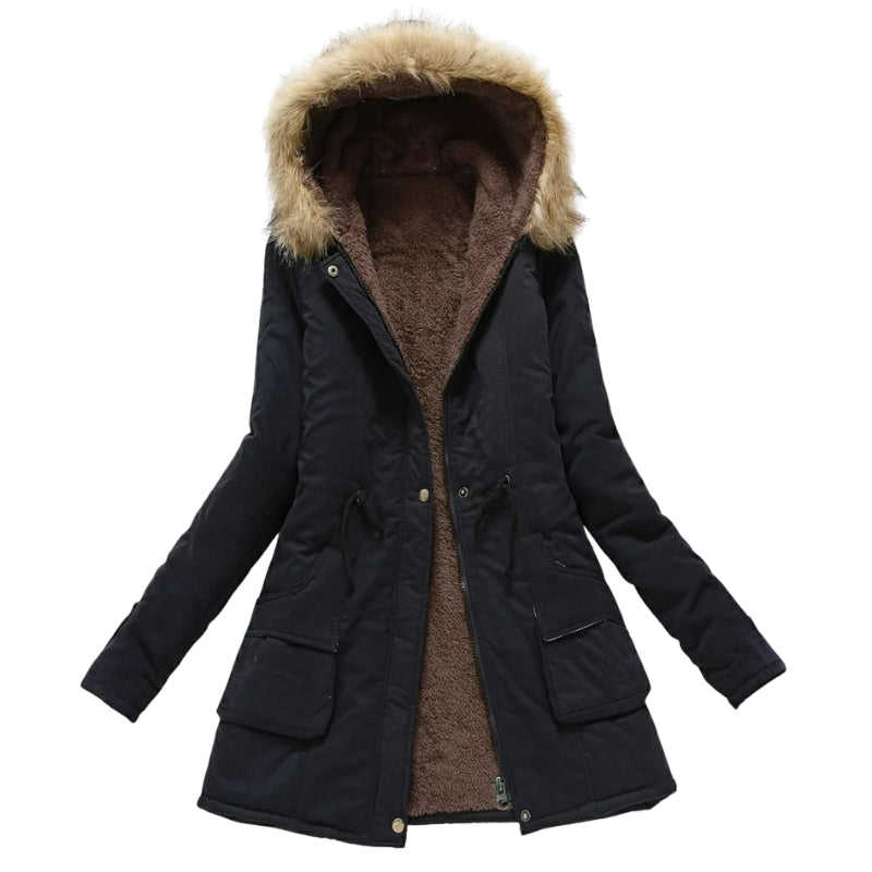 Gevoerde winterjas voor dames met capuchon en bontkraag