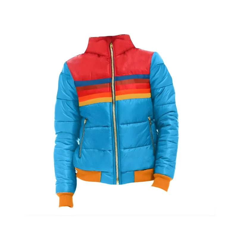 Gewatteerde damesjas met capuchon en gestreept patroon