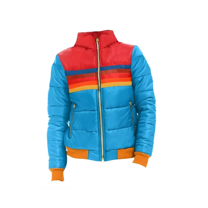 Gewatteerde damesjas met capuchon en gestreept patroon