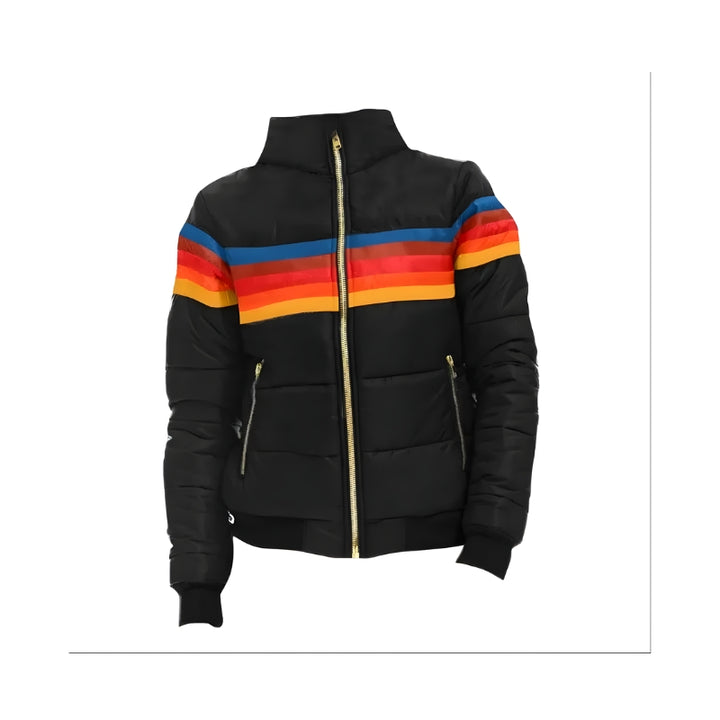 Gewatteerde damesjas met capuchon en gestreept patroon