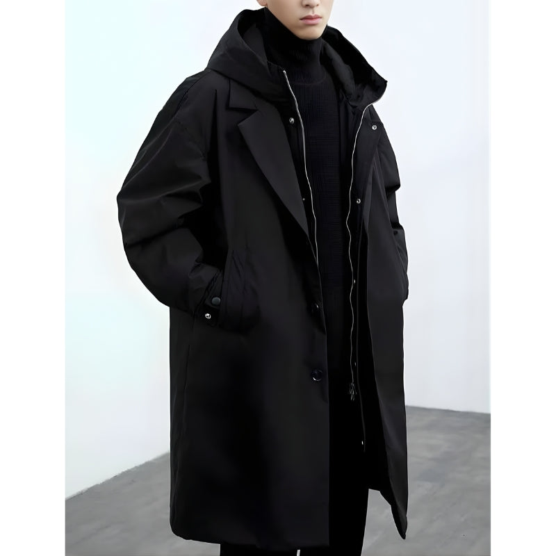 Heren lange jas met afneembare capuchon