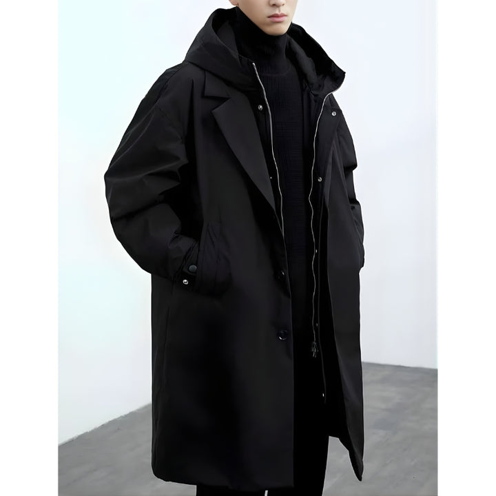 Heren lange jas met afneembare capuchon