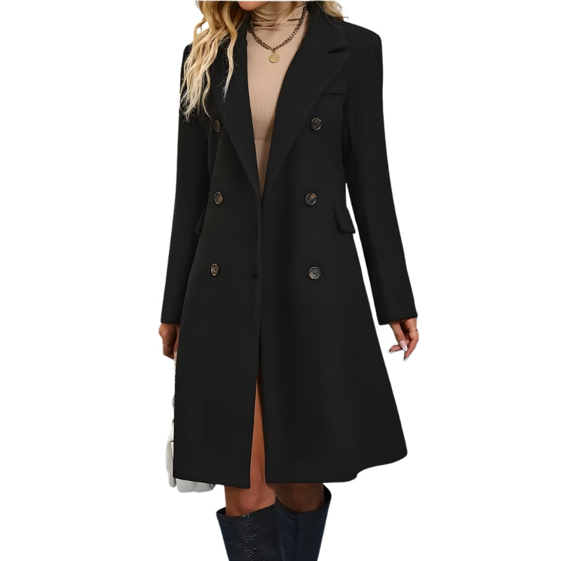 Lange jas met twee rijen knopen en brede revers