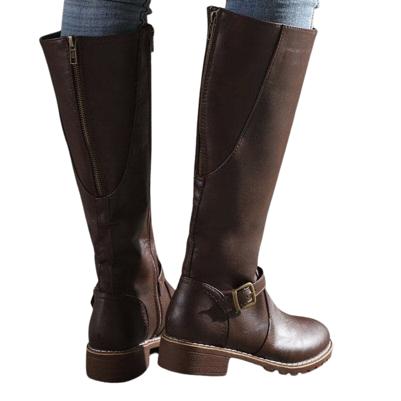 Kniehoge laarzen met rits aan de zijkant en gespdetail