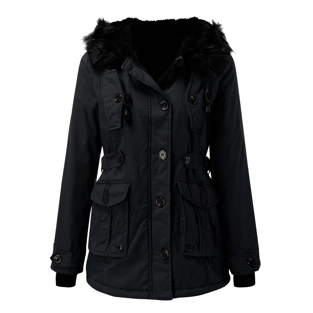 Dames winterjas met capuchon en volledige knoopsluiting aan de voorkant