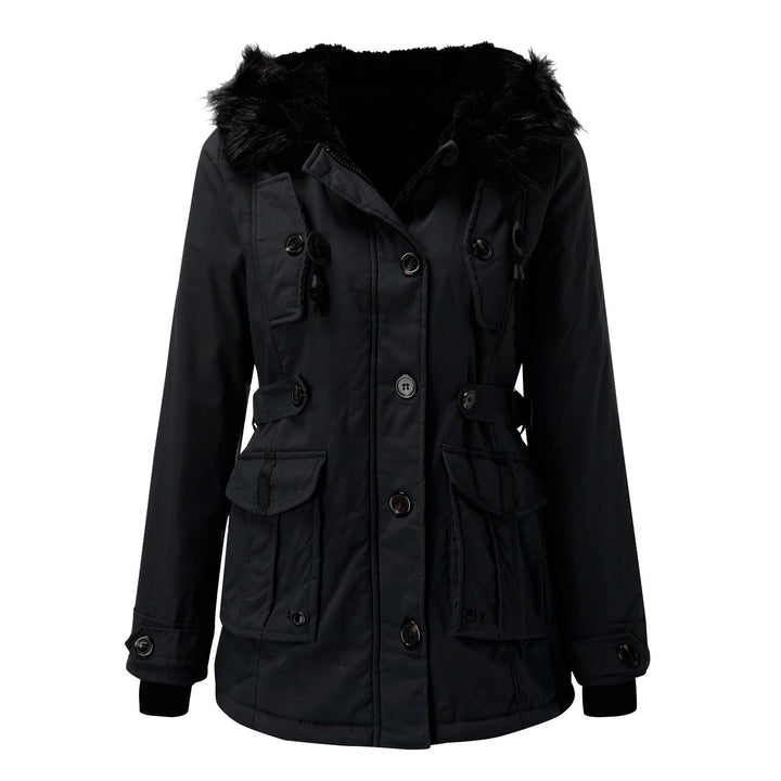 Dames winterjas met capuchon en volledige knoopsluiting aan de voorkant