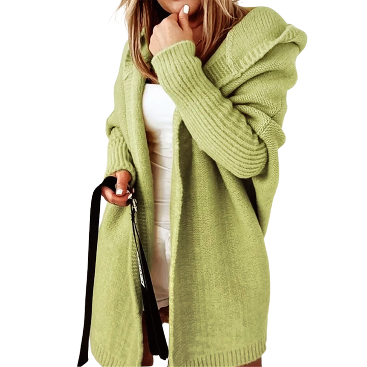 Lange gebreide cardigan met capuchon en open voorkant