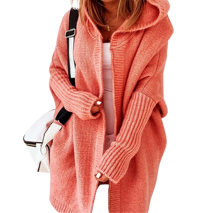 Lange gebreide cardigan met capuchon en open voorkant