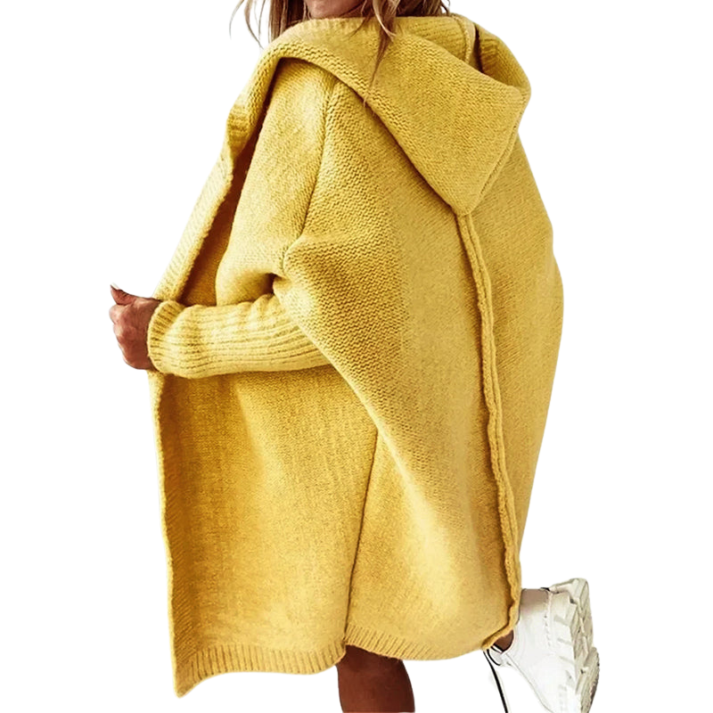 Lange gebreide cardigan met capuchon en open voorkant