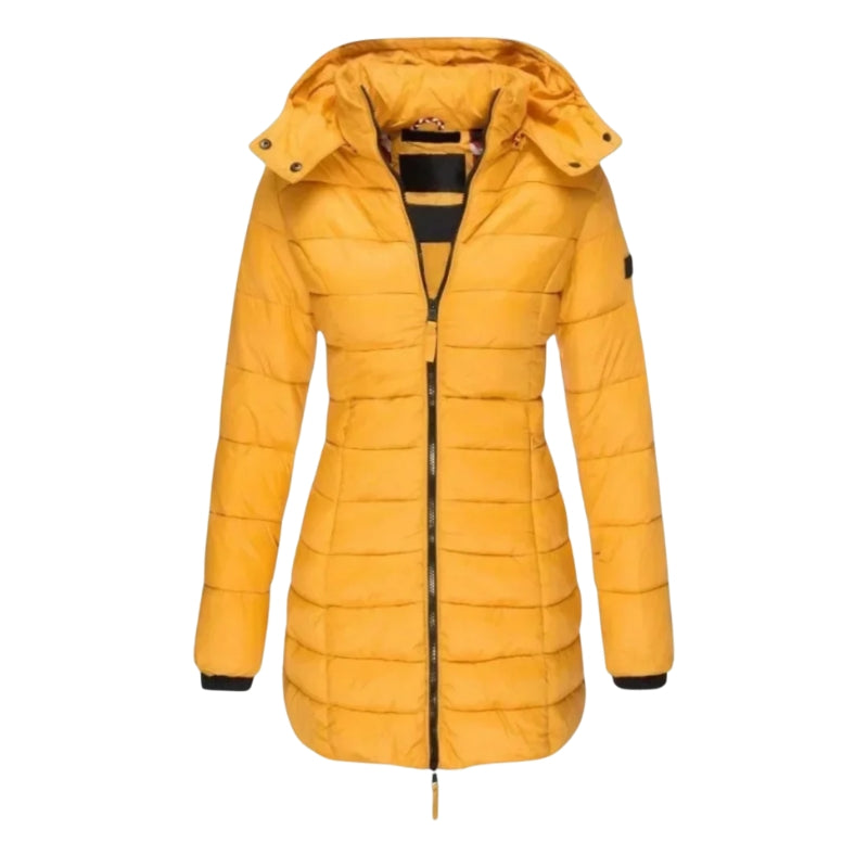 Lange gewatteerde damesjas met capuchon