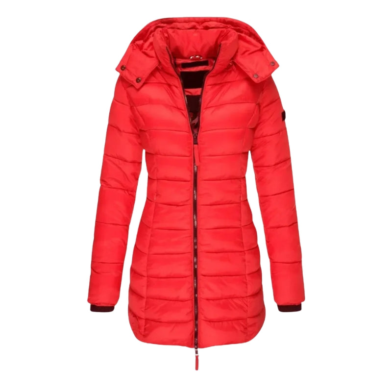Lange gewatteerde damesjas met capuchon