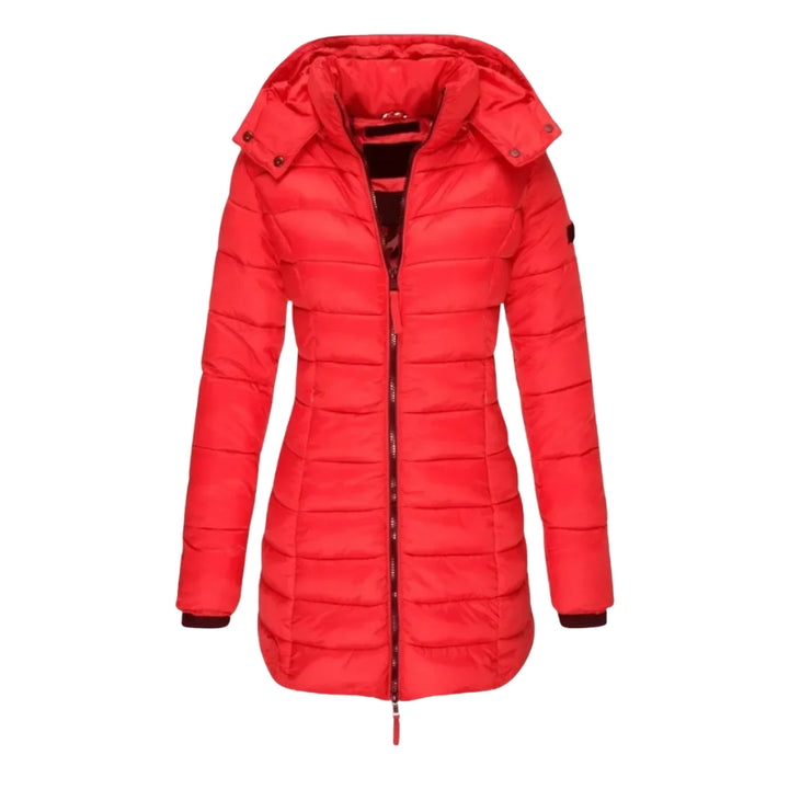 Lange gewatteerde damesjas met capuchon