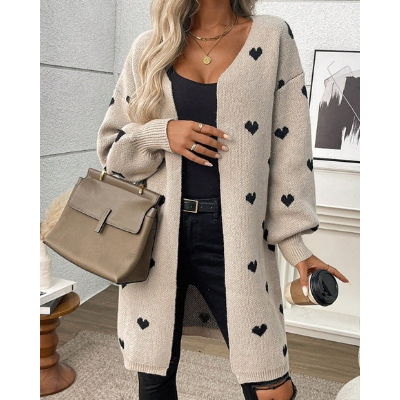 Lange gebreide damescardigan met hartmotief en V-hals