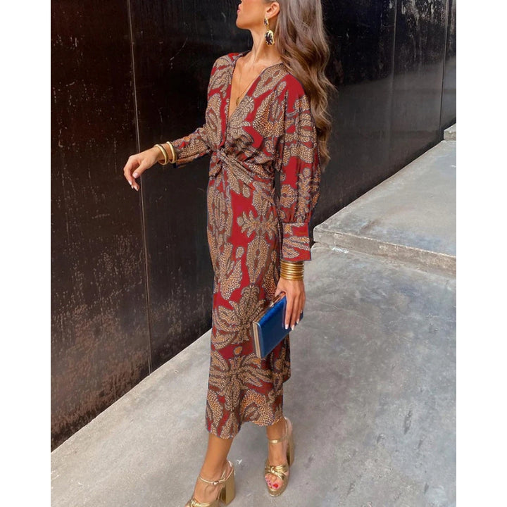 Midi jurk met diepe v-hals en gedrapeerde taille