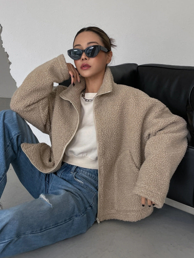 Dames fleece wollen jas met ritssluiting