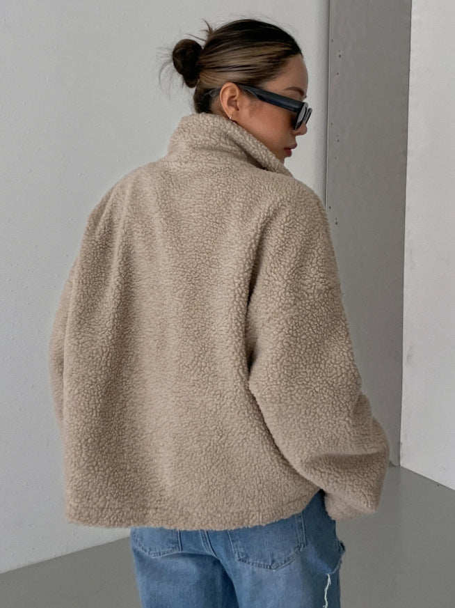 Dames fleece wollen jas met ritssluiting