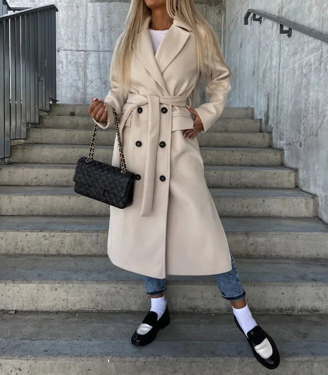 Dames lange winterjas met riem