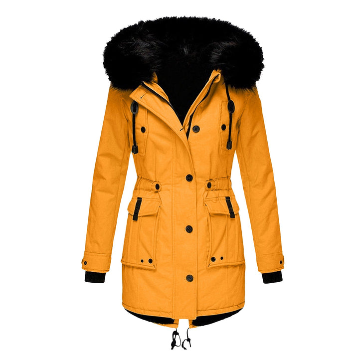Dames winterjas met capuchon en volledige knoopsluiting aan de voorkant
