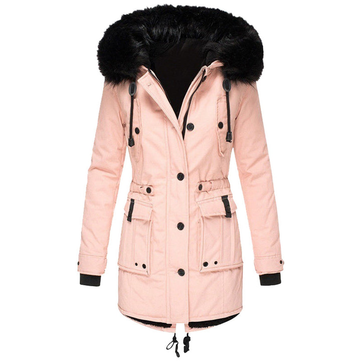 Dames winterjas met capuchon en volledige knoopsluiting aan de voorkant