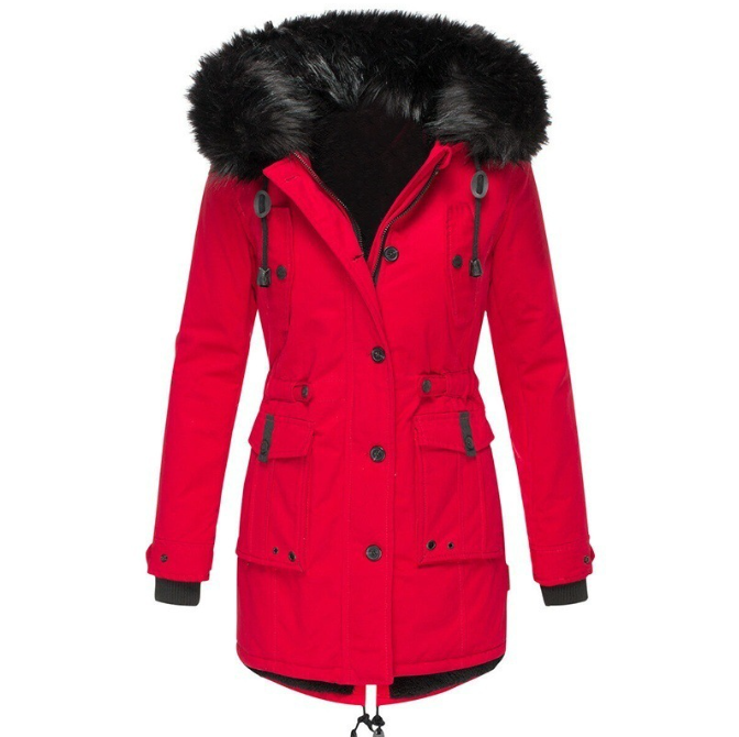 Dames winterjas met capuchon en volledige knoopsluiting aan de voorkant