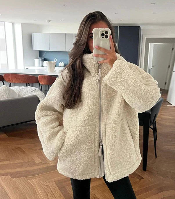 Dames fleece wollen jas met ritssluiting