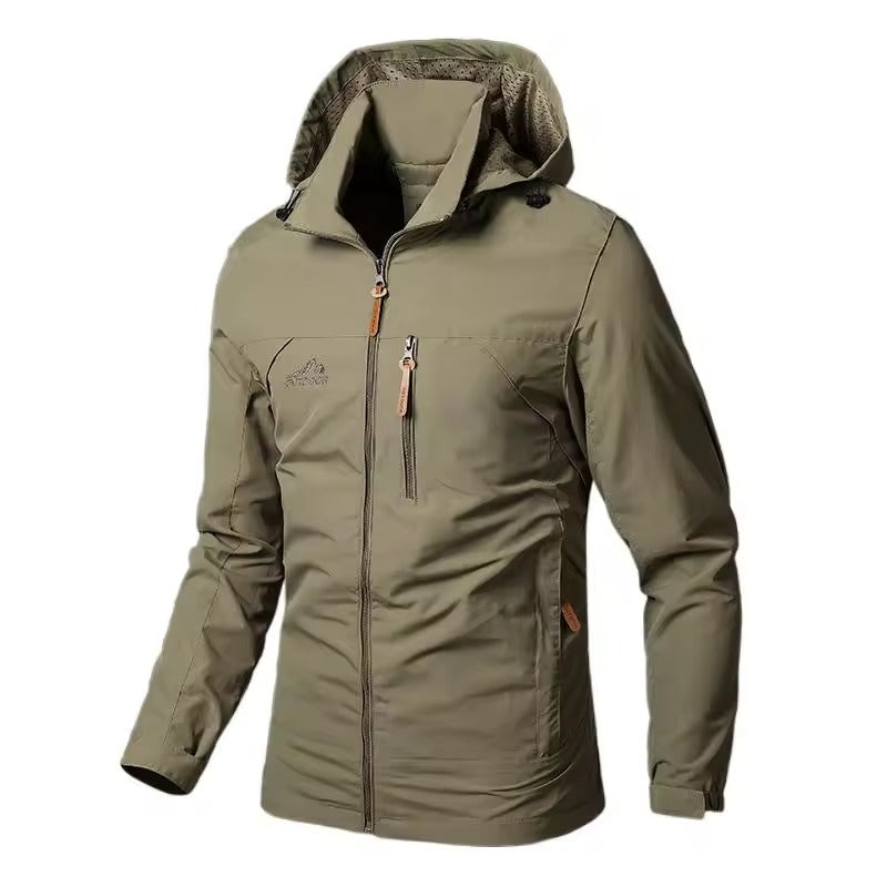 Heren outdoorjack met capuchon rits aan de voorkant en borstzak