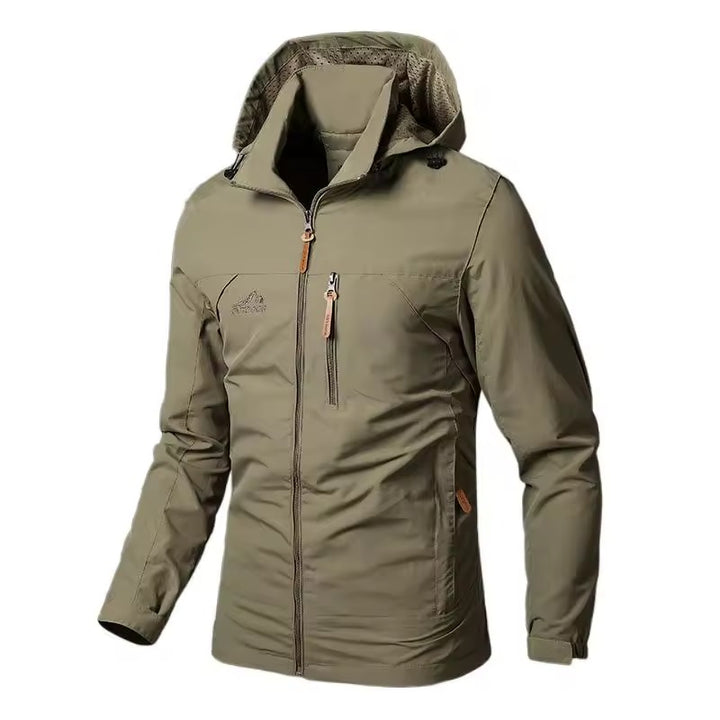 Heren outdoorjack met capuchon rits aan de voorkant en borstzak