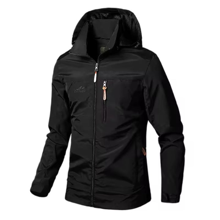 Heren outdoorjack met capuchon rits aan de voorkant en borstzak