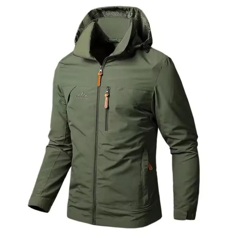 Heren outdoorjack met capuchon rits aan de voorkant en borstzak