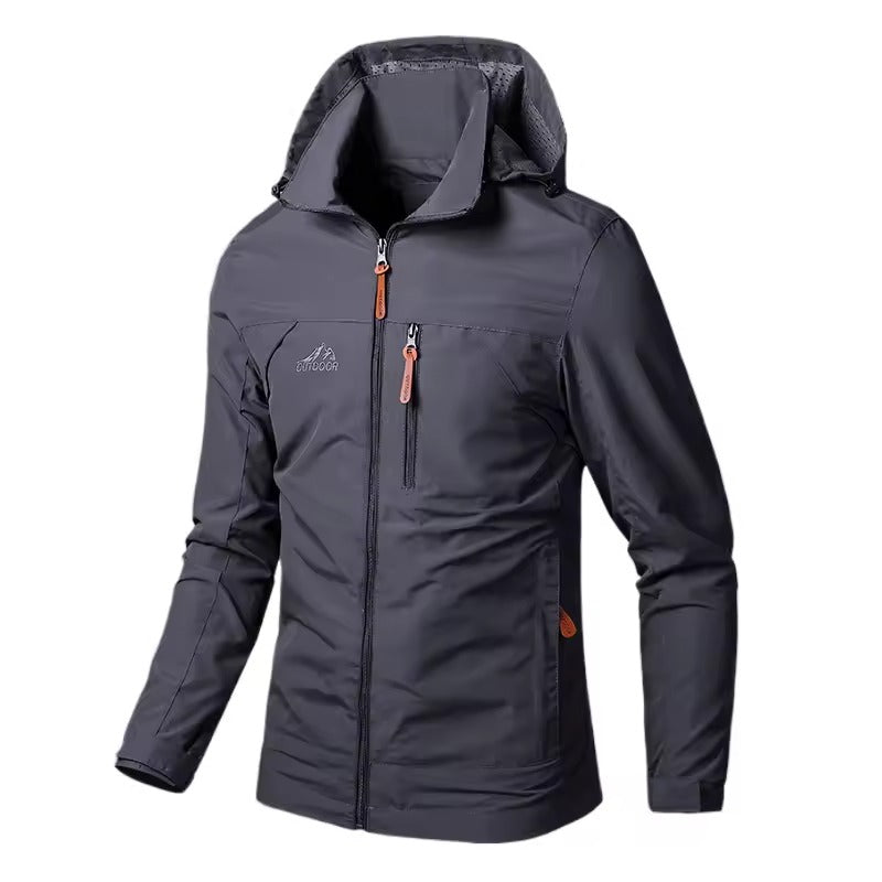Heren outdoorjack met capuchon rits aan de voorkant en borstzak